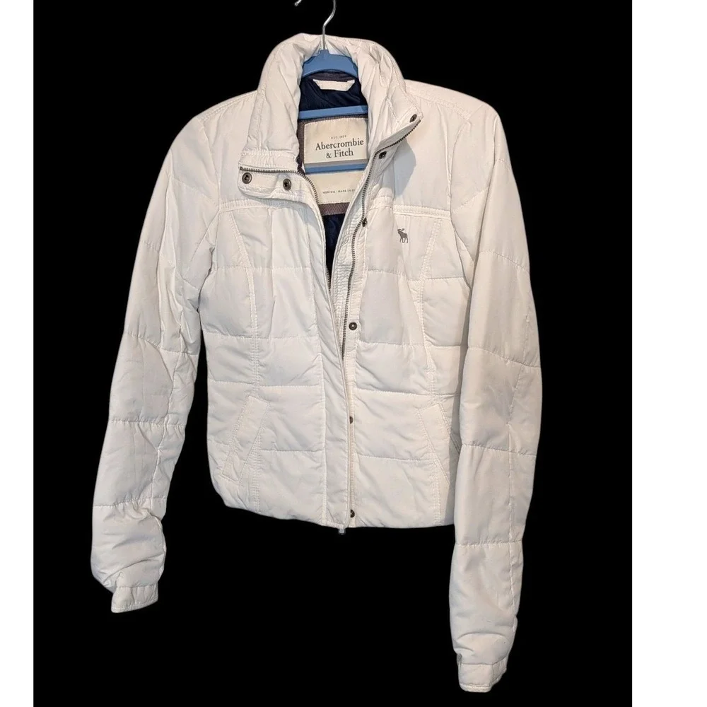 Vintage Y2K Abercrombie & Fitch White Preppy Short Puffer Jacket Medium Ski Coat
